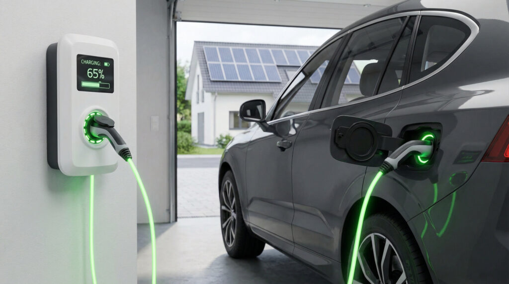 voiture électrique branchée à une borne IRVE dans un garage de maison, prestation proposée par EDSC votre installateur borne IRVE Bourg Achard