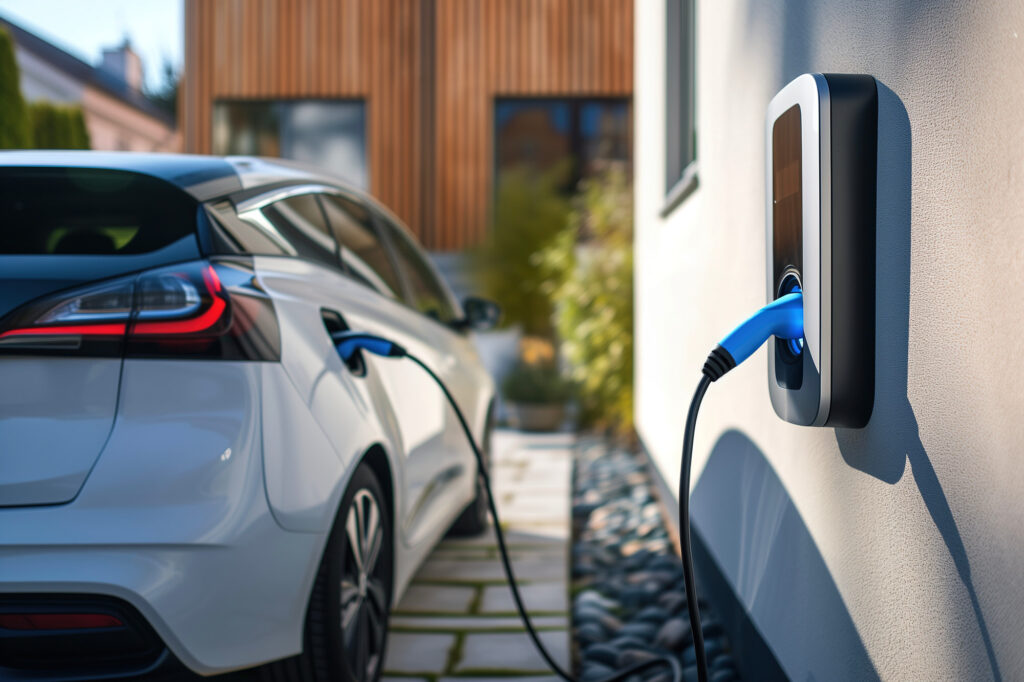 voiture électrique branchée à une borne IRVE dans une allée de jardin, prestation proposée par EDSC votre installateur borne IRVE bourgtheroulde