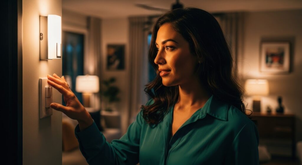 personne qui utilise un interrupteur en domotique pour gérer la luminosité de l’intérieur du salon, prestation proposée par EDSC votre électricien domotique bourg achard