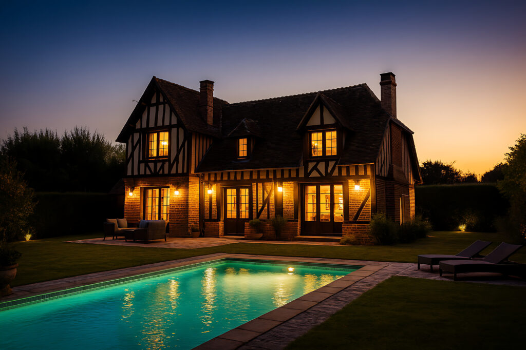 éclairage extérieur d’une maison normande avec piscine vue de nuit, réalisation proposée par EDSC votre électricien bourgtheroulde