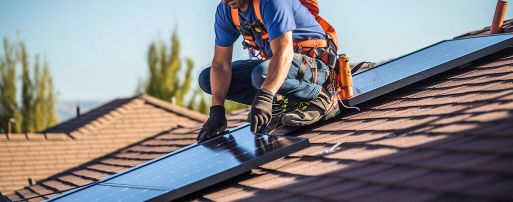 technicien en train d’installer un panneau photovoltaïque sur le toit d’une maison, prestation proposée par EDSC votre installateur panneau solaire bourgtheroulde